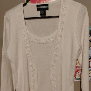 White Ribbed Cardigan with Lace Trim